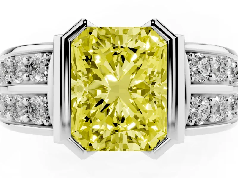 Radiant Cut Half Bezel Engagement Ring Setting for a Fancy Yellow Lab-Grown Diamond | Channel Band | White Gold