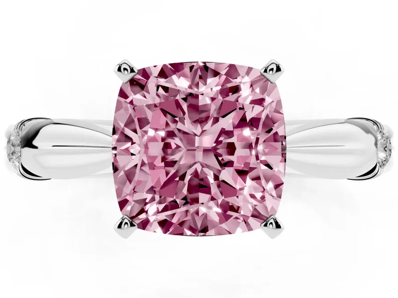 Fancy Pink Cushion Cut Diamond Solitaire Twisted Band Ring Set in White gold with Accent Stones and Prong Setting
