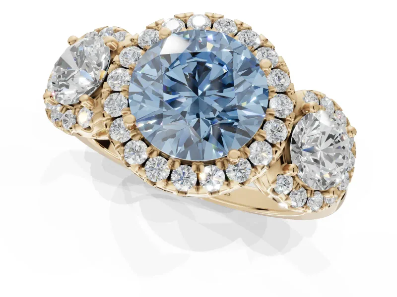Round Three Stone Halo Engagement Ring Setting for a Fancy Blue Lab-Grown Diamond | Yellow Gold