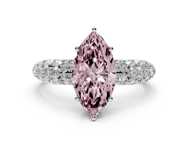 Fancy Pink Marquise Cut Diamond Pavé Band Solitaire Ring Set in Platinum with Close-Set Accent Stones and Prong Setting