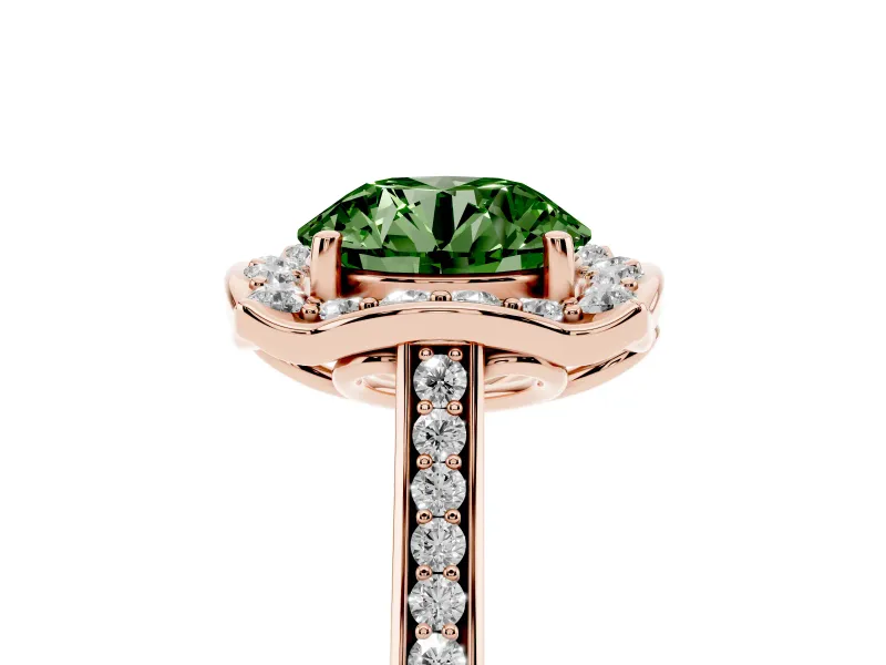 Round Halo Engagement Ring Setting for a Fancy Green Lab-Grown Diamond | Petal Tips | Rose Gold
