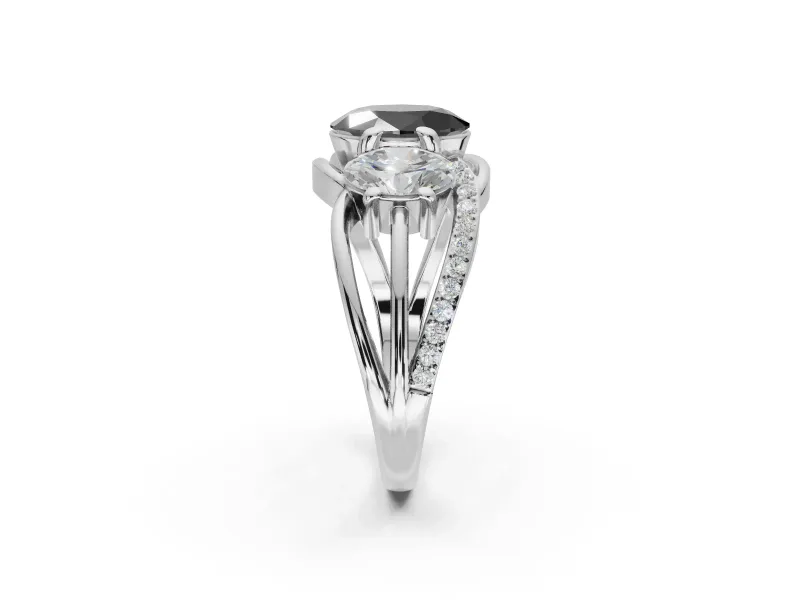 Oval Three Stone Split Shank Engagement Ring Setting for a Black Center | Matching Sides | Platinum