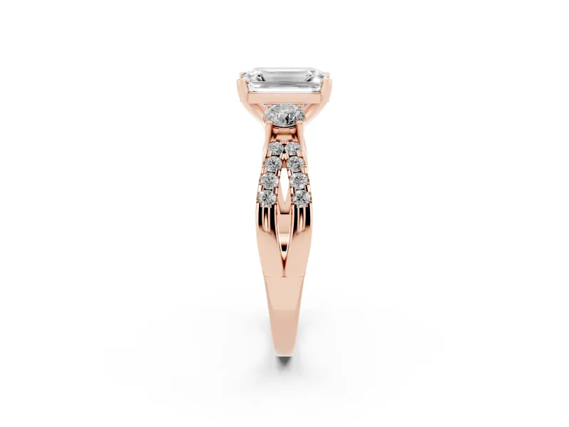 Emerald Cut Three Stone Engagement Ring Setting | Pavé Split Shank | Rose Gold