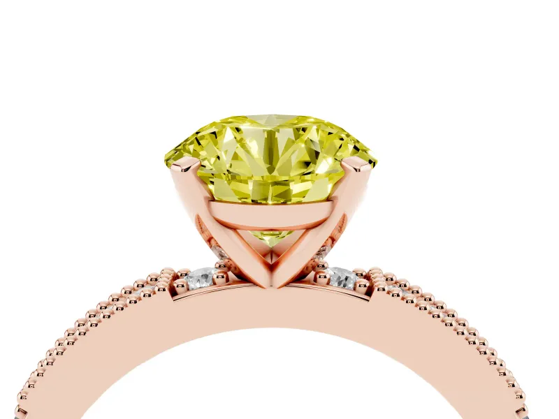 Fancy Yellow Round Cut Diamond Solitaire Ring Set in Rose gold with Slim Pavé Band and Prong Setting