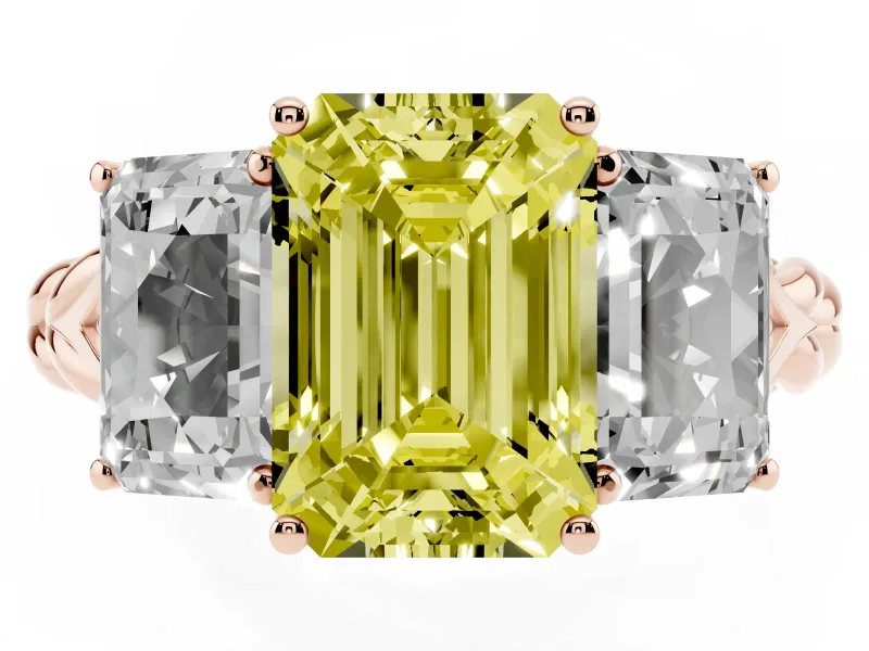 Fancy Yellow Emerald Cut Diamond Three-Stone Ring Set in Rose gold with Braided Band