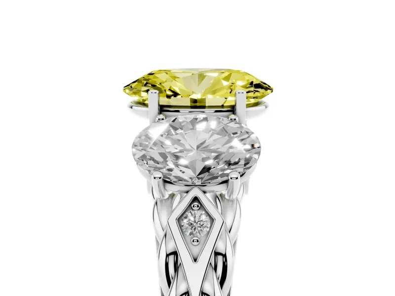Fancy Yellow Oval Cut Diamond Three-Stone Ring Set in Silver with Braided Band