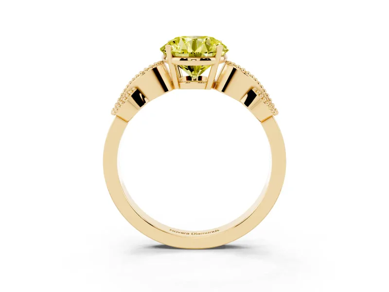Fancy Yellow Round Cut Diamond Milgrain Leaf Band Solitaire Ring Set in Yellow gold with Accent Stones and Prong Setting