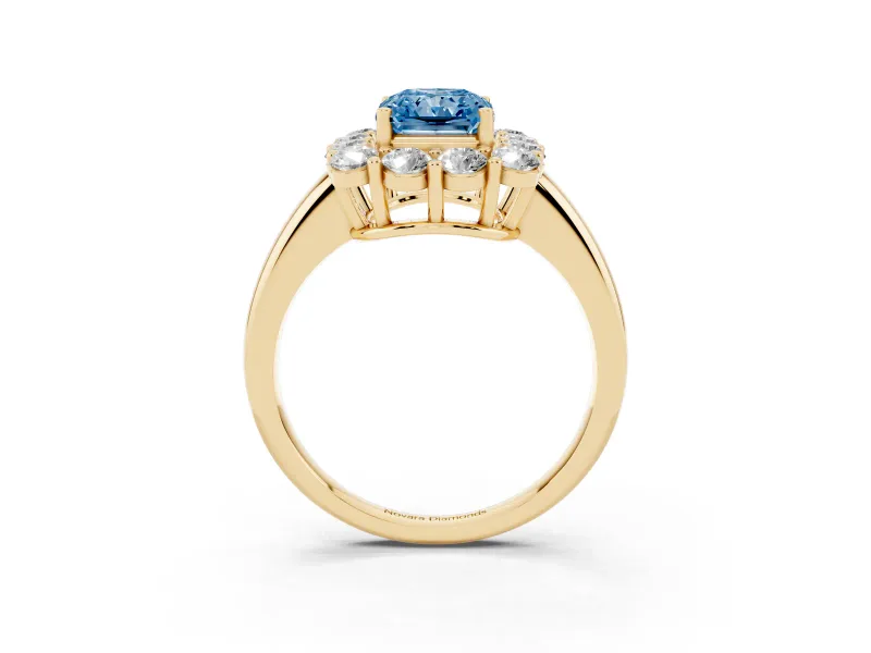 Radiant Cut Cluster Halo Engagement Ring Setting for a Fancy Blue Lab-Grown Diamond | Large Round Accents | Yellow Gold