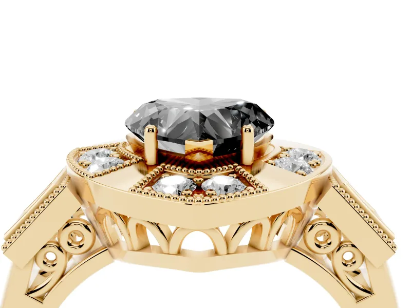 Heart-Shaped Milgrain Sectioned Halo Engagement Ring Setting for a Black Center | Yellow Gold