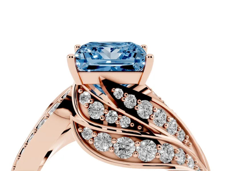Fancy Blue Princess Cut Diamond Solitaire Ring Set in Rose gold with Layered Twist Pavé Band