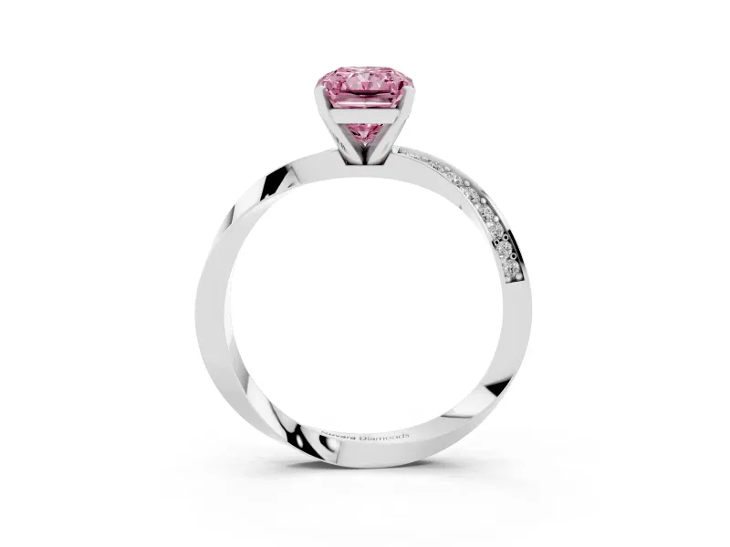 Fancy Pink Radiant Cut Diamond Engagement Ring Set in Platinum with Side Stone Accents and Prong Setting