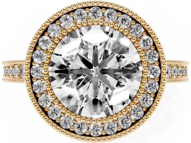 Round Milgrain Halo Engagement Ring Setting | Pave Band | Yellow Gold