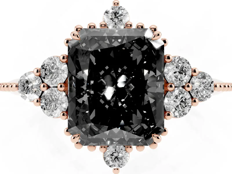 Radiant Cut Vintage Cluster Engagement Ring Setting for a Black Center | Beaded Edges | Rose Gold