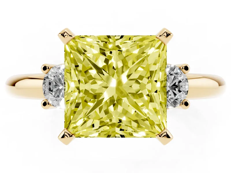 Fancy Yellow Three-Stone Princess Cut Diamond Ring Set in Yellow gold with Prong Setting and Plain Band