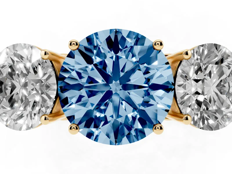 Round Engagement Ring Setting for a Fancy Blue Lab-Grown Diamond | Three Stone | Yellow Gold