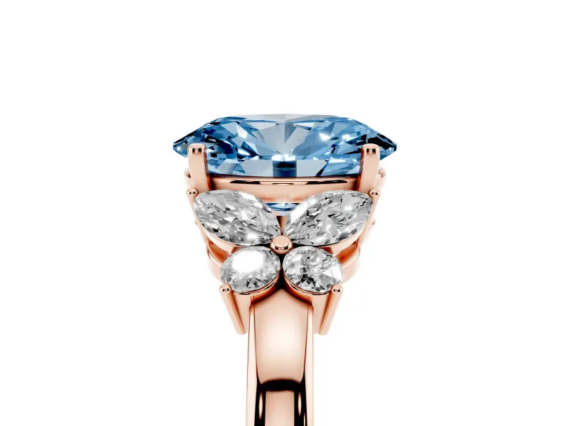 Fancy Blue Oval Cut Diamond Solitaire Floral Ring Set in Rose gold with Marquise Petals and Prong Setting