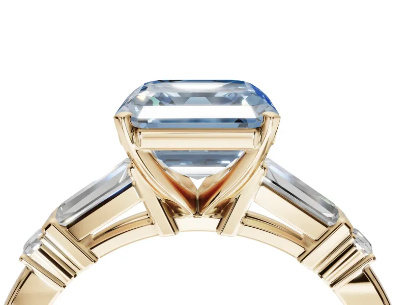 Asscher Cut Tapered Baguette Engagement Ring Setting for a Fancy Blue Lab-Grown Diamond | Bar Set Sides | Yellow Gold