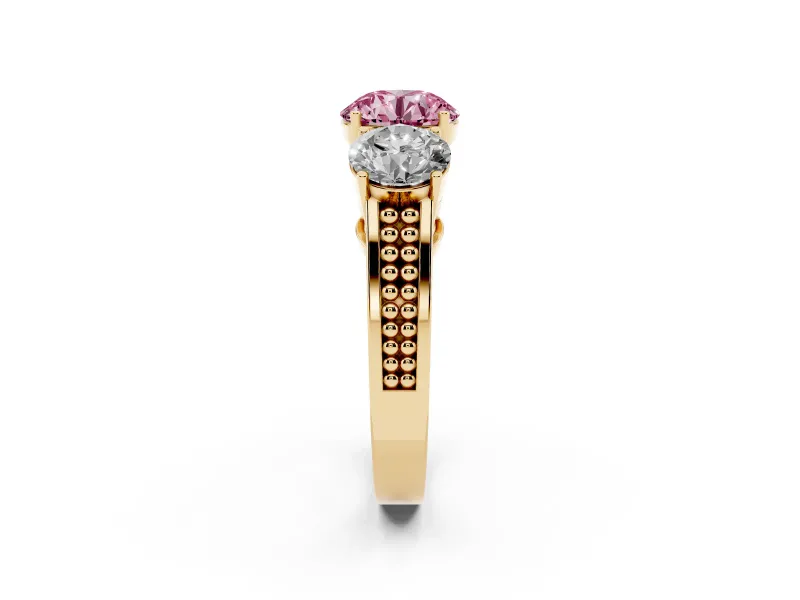 Round Engagement Ring Setting for a Fancy Pink Lab-Grown Diamond | Three Stone | Yellow Gold