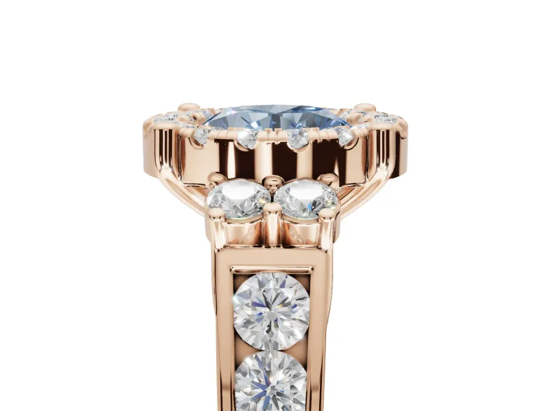 Round Halo Engagement Ring Setting for a Fancy Blue Lab-Grown Diamond | Side Clusters | Rose Gold