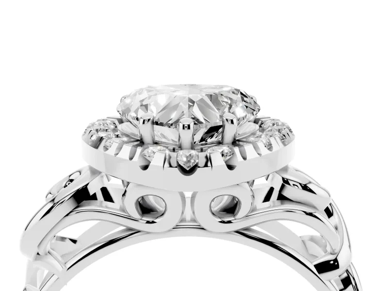 Heart Cut Diamond Halo Ring Set in Platinum with Scrollwork Band and Prong Setting