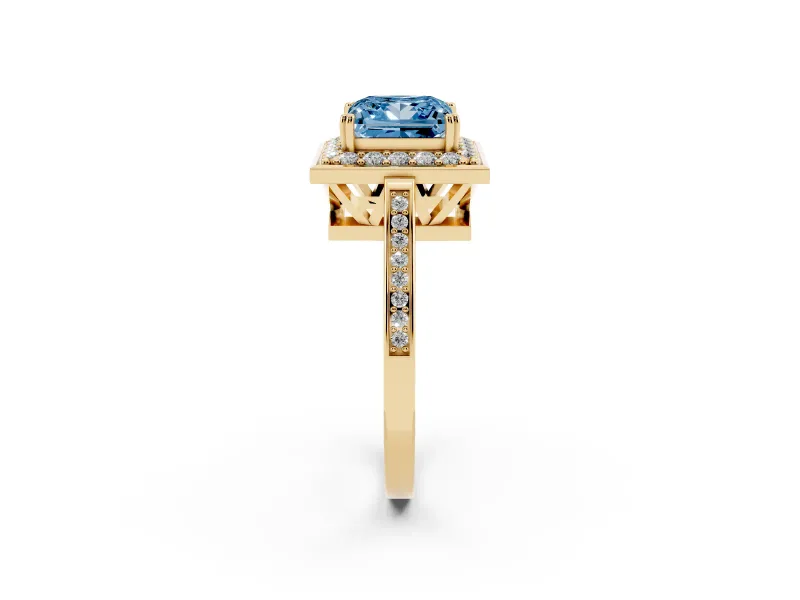 Princess Cut Halo Engagement Ring Setting for a Fancy Blue Lab-Grown Diamond | Polished Halo Rim | Yellow Gold