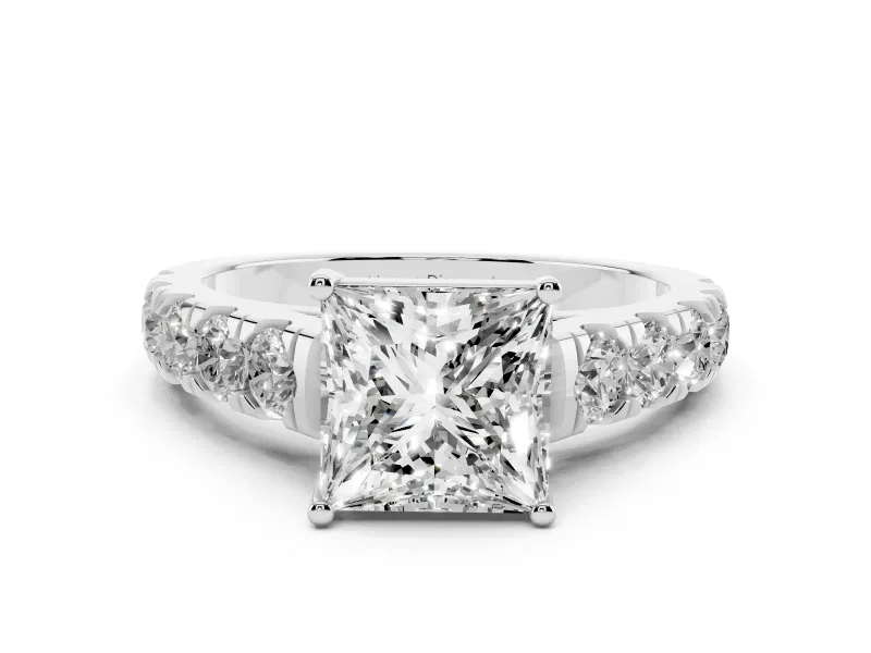 Princess Cut Diamond Solitaire Ring Set in Platinum with Cut-Down Micro Pavé Band and Prong Setting