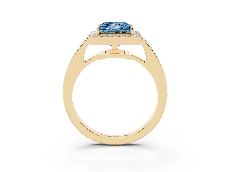 Fancy Blue Princess Cut Diamond Halo Pavé Engagement Ring Set in Yellow gold with Bezel Setting