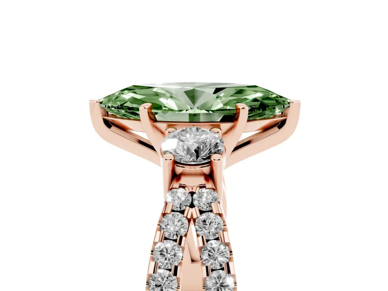 Fancy Green Marquise Cut Diamond Three-Stone Ring Set in Rose gold with Pavé Split Shank and Prong Setting
