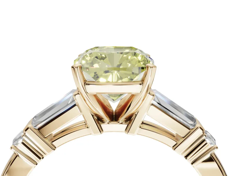 Cushion Cut Tapered Baguette Engagement Ring Setting for a Fancy Yellow Lab-Grown Diamond | Bar Set Sides | Yellow Gold