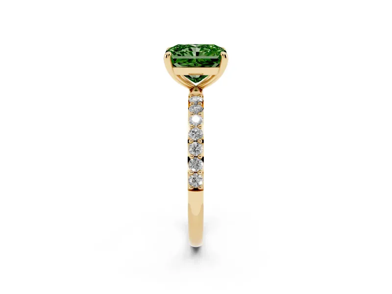 Fancy Green Radiant Cut Diamond Solitaire Ring Set in Yellow gold with Round Pavé Band and Prong Setting