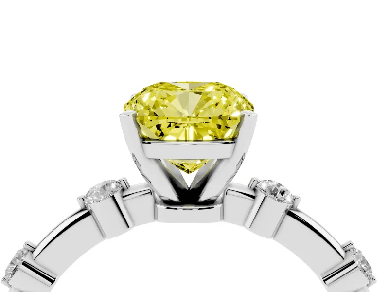 Fancy Yellow Cushion Cut Diamond Solitaire Ring Set in Silver with Bezel Set Side Stones and Prong Setting