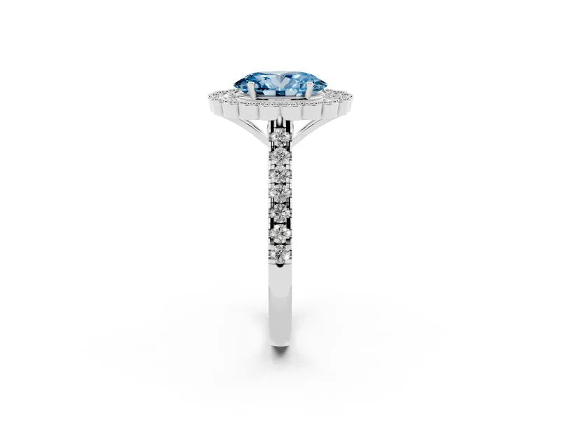 Fancy Blue Oval Cut Diamond Milgrain Floral Halo Engagement Ring Set in Silver with Pavé Band