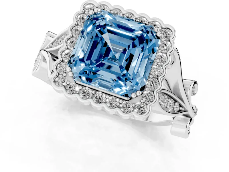 Asscher Cut Leaf Halo Engagement Ring Setting for a Fancy Blue Lab-Grown Diamond | Platinum