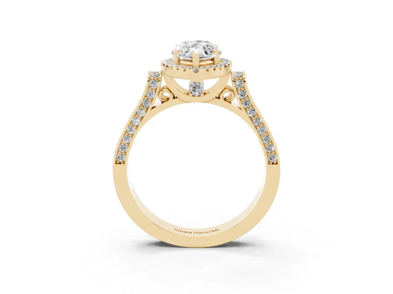 Marquise Cut Diamond Halo Ring Set in Yellow gold with Pavé-Lined Split Shank Band