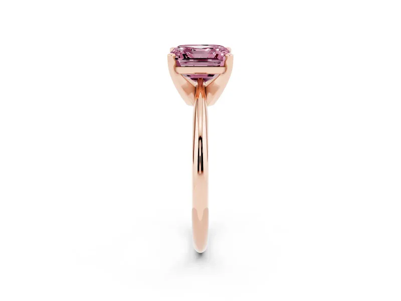 Fancy Pink Asscher Cut Diamond Solitaire Ring Set in Rose gold with Prong Setting on a Plain Round Band