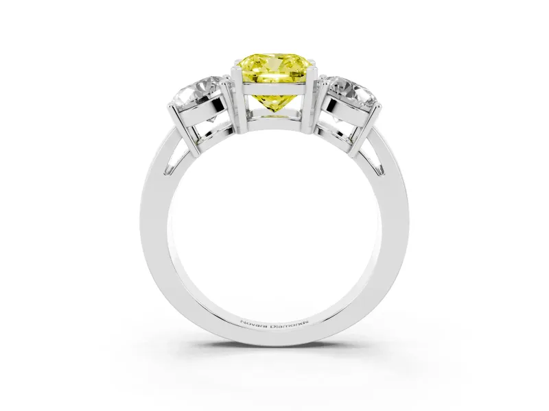Cushion Cut Three Stone Engagement Ring Setting for a Fancy Yellow Lab-Grown Diamond | Wide Plain Band | Platinum