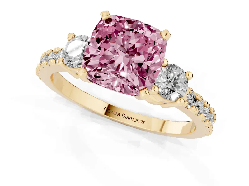 Cushion Cut Three Stone Engagement Ring Setting for a Fancy Pink Lab-Grown Diamond | Pavé Band | Yellow Gold