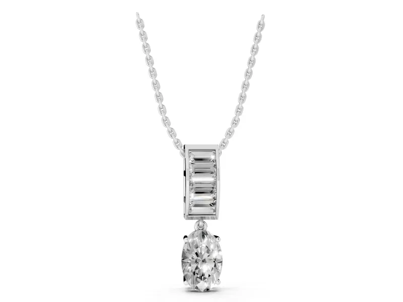 Oval and Baguette Lab-Grown Diamond Drop Pendant Necklace | Channel-Set Bail | White Gold