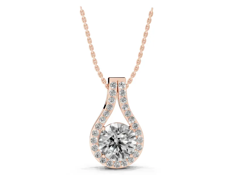 Round Lab-Grown Diamond Teardrop Halo Pendant Necklace | Pavé Split Bail | Rose Gold