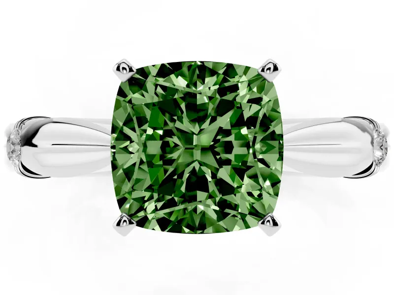 Fancy Green Cushion Cut Diamond Solitaire Twisted Band Ring Set in Silver with Accent Stones and Prong Setting
