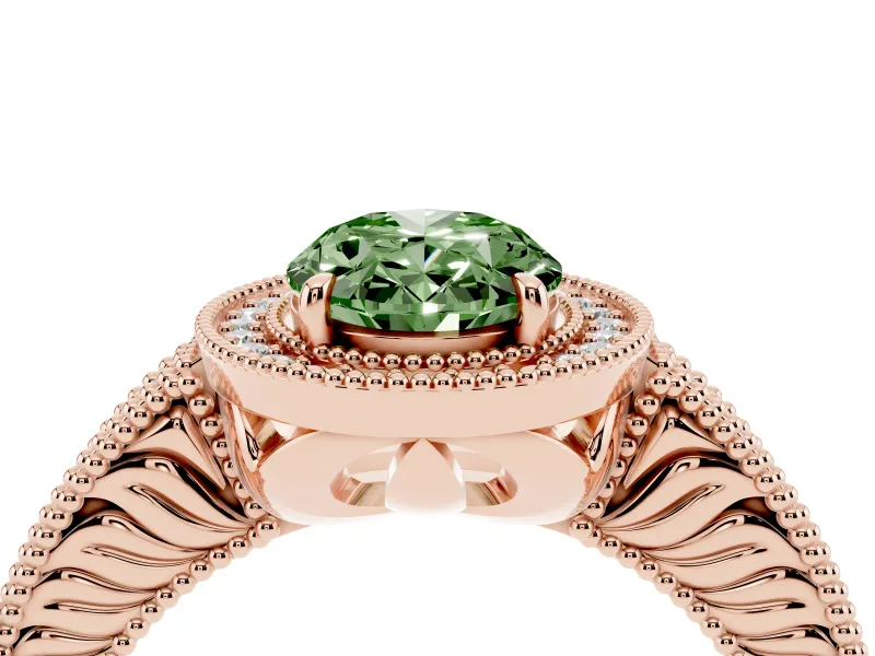 Fancy Green Oval Cut Diamond Halo Ring Set in Rose gold with Round Accent Halo, Pavé Band and Prong Setting