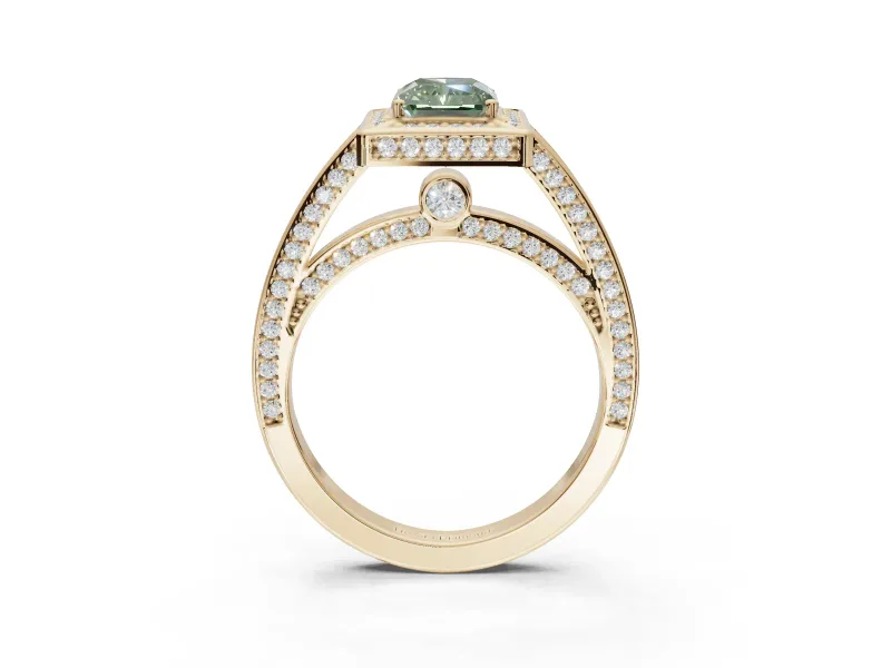 Radiant Cut Sectioned Halo Engagement Ring Setting for a Fancy Green Lab-Grown Diamond | Yellow Gold