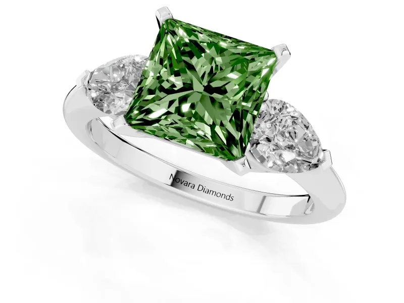 Princess Cut Three-Stone Ring Setting for a Fancy Green Lab-Grown Diamond | Pear Side Stones | Sterling Silver