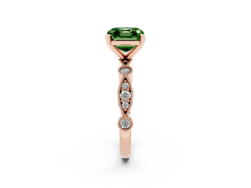 Fancy Green Asscher Cut Diamond Solitaire Engagement Ring Set in Rose gold with Milgrain Bezel Accent Band