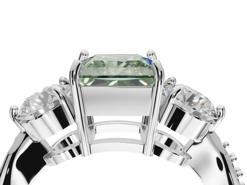 Princess Cut Three Stone Engagement Ring Setting for a Fancy Green Lab-Grown Diamond | Tapered Pave Band | White Gold