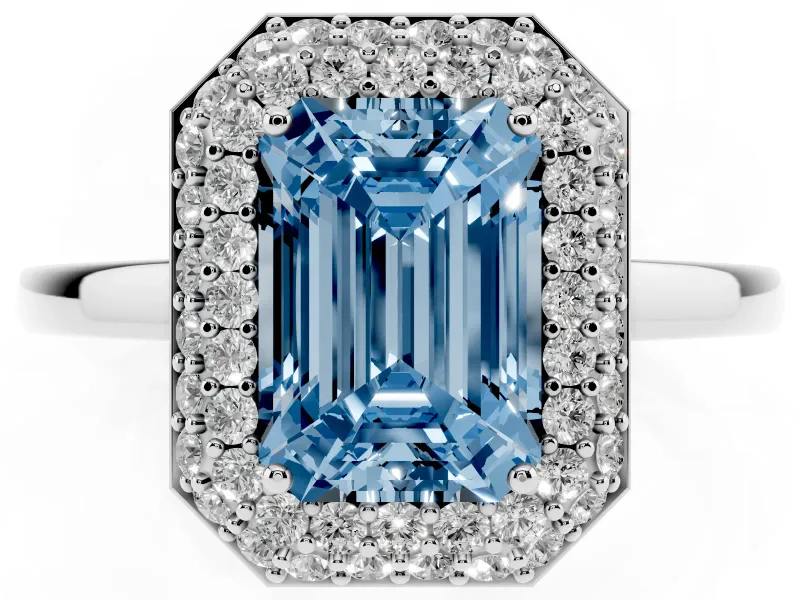 Fancy Blue Emerald Cut Diamond Halo Engagement Ring Set in White gold with Solitaire Band and Prong Setting
