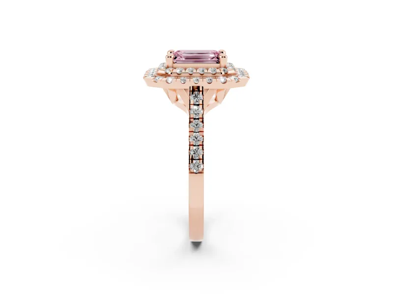 Fancy Pink Emerald Cut Diamond Double Halo Statement Ring Set in Rose gold with Pavé Band
