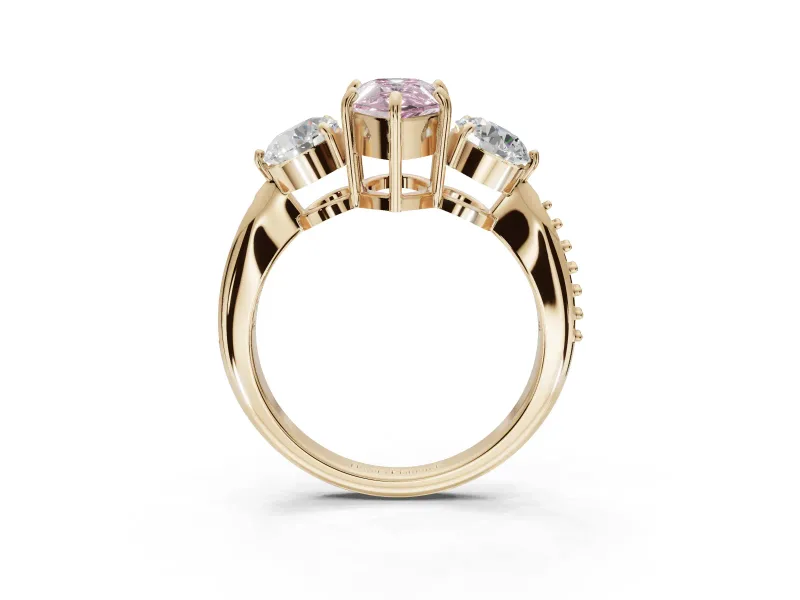 Pear-Shaped Three Stone Engagement Ring Setting for a Fancy Pink Lab-Grown Diamond | Tapered Pave Band | Yellow Gold