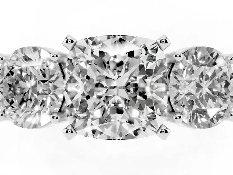 Cushion Cut Three Stone Engagement Ring Setting | Wide Plain Band | Platinum