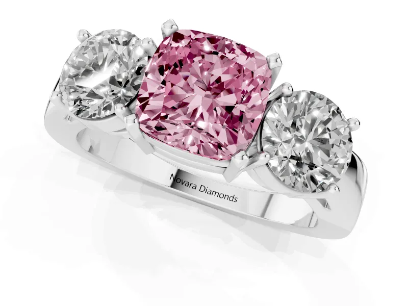 Cushion Cut Three Stone Engagement Ring Setting for a Fancy Pink Lab-Grown Diamond | Wide Plain Band | Platinum